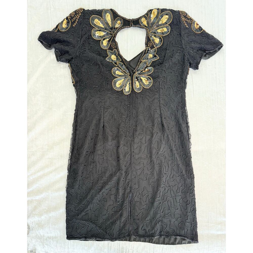 Vintage Black & Gold Sequined Beaded Short Sleeve Cocktail Party Dress Size 2X - Picture 3 of 10
